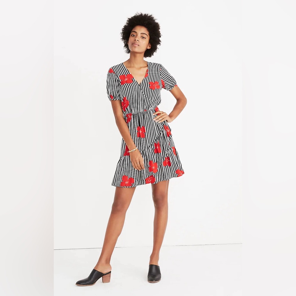 Madewell Ruffle Faux Wrap Striped Floral Short Sleeve Dress Black White Size 2
